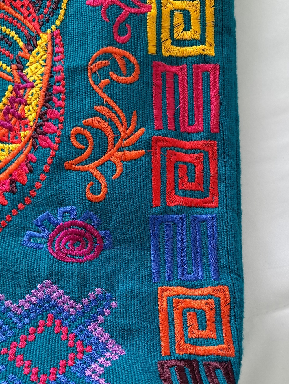 Teal Embroidered Tiger Tote Bag Colorful Tribal Top Zipper Two Back Compartment - Picture 6 of 14